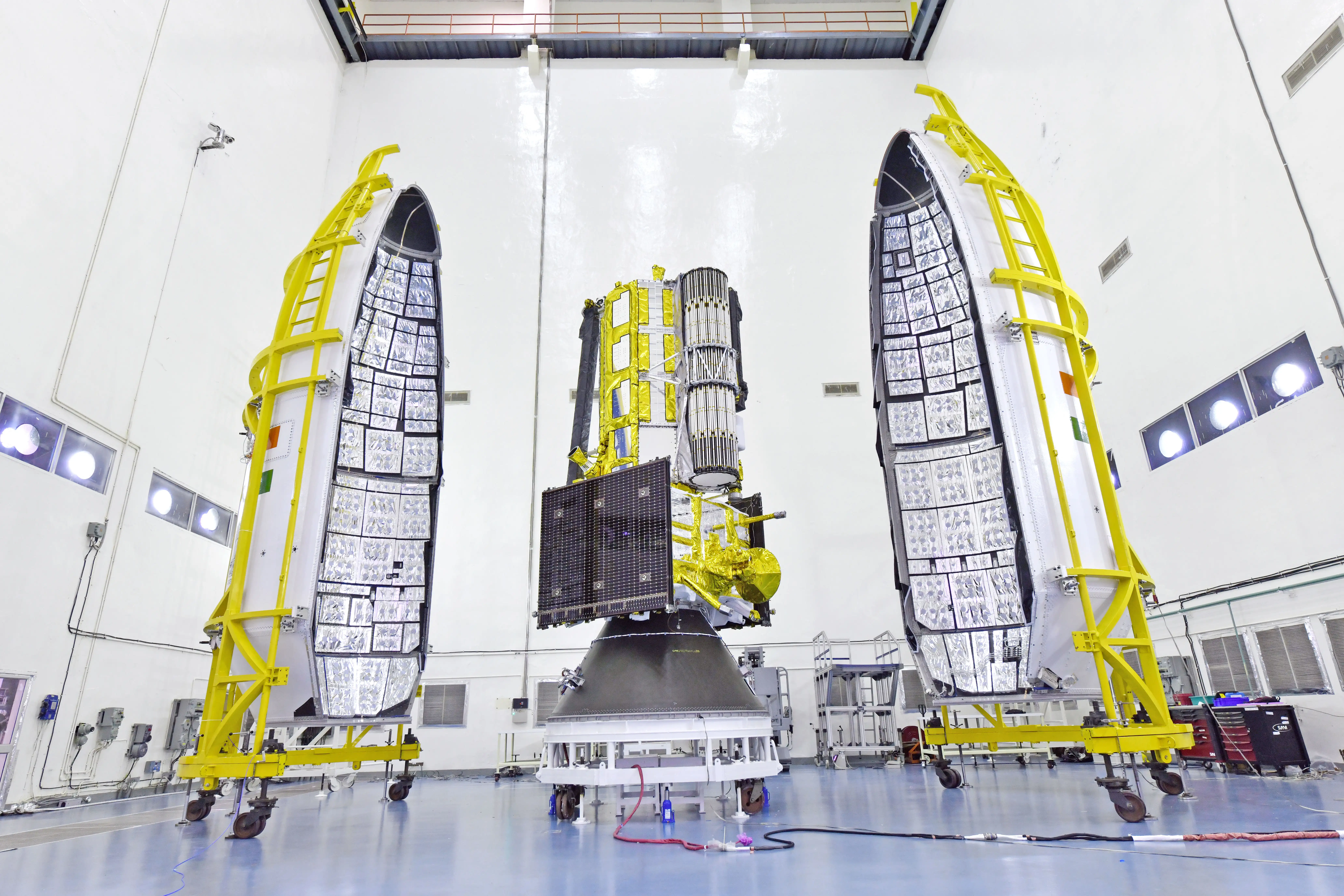 The NISAR satellite being enclosed in the payload fairing. (Image Credit: ISRO).