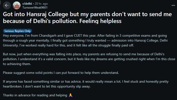 Student gets into Delhi University; parents refuse to send him due to pollution.