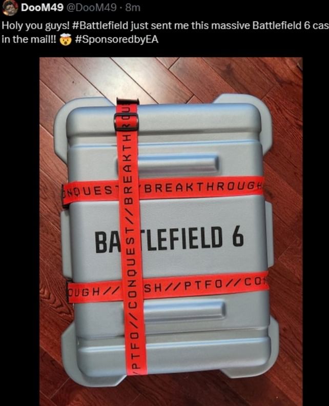 Doom49, a content creator, shared a now-deleted post showing a promotional package from EA that featured the title Battlefield 6.