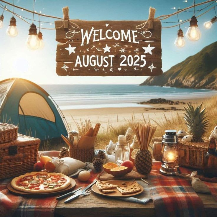 This may contain: a picnic table set up with food and lights for an outdoor welcome august sign in the background