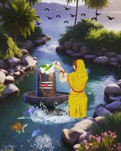 This may contain: a painting of a woman standing on a boat in the water with birds flying around