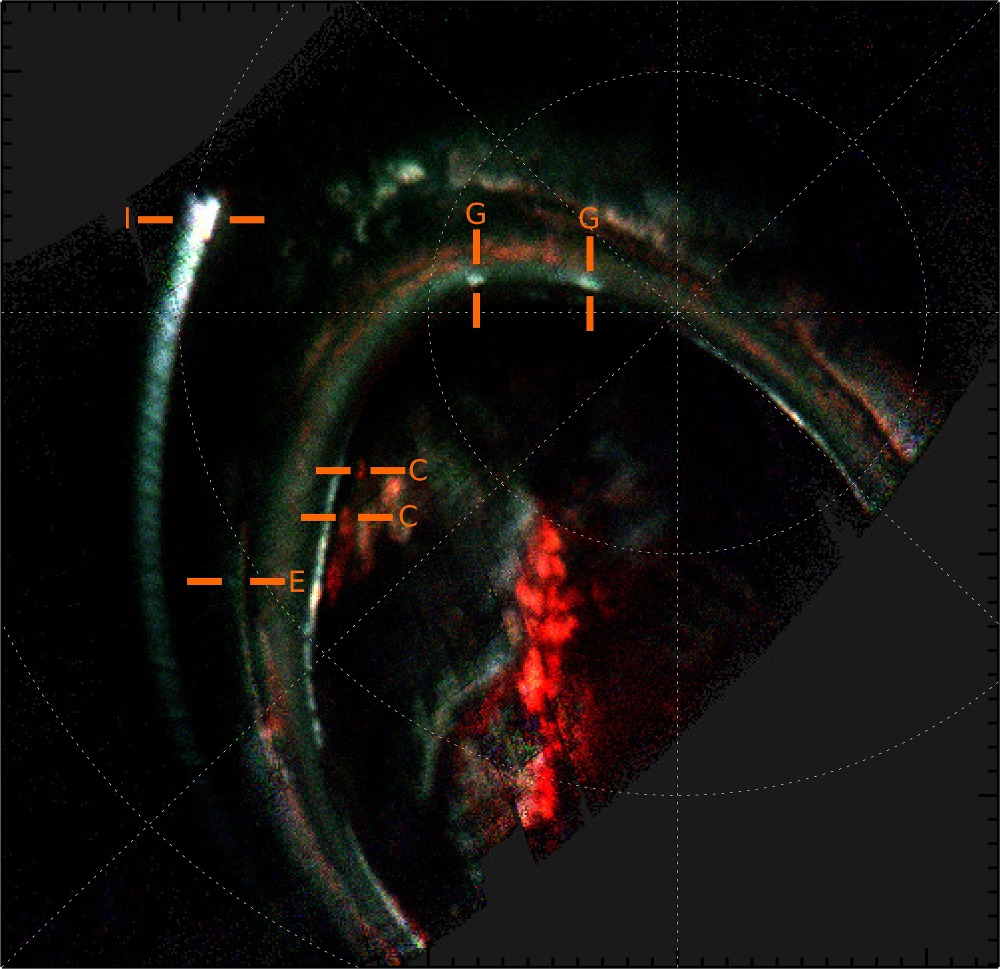 The auroral signatures of the Galilean moons marked by the first alphabets in their names. (Image Credit: Rabia, Hue, Louis, André, Nénon et al. Nature Commun. 16, 7791 (2025).).