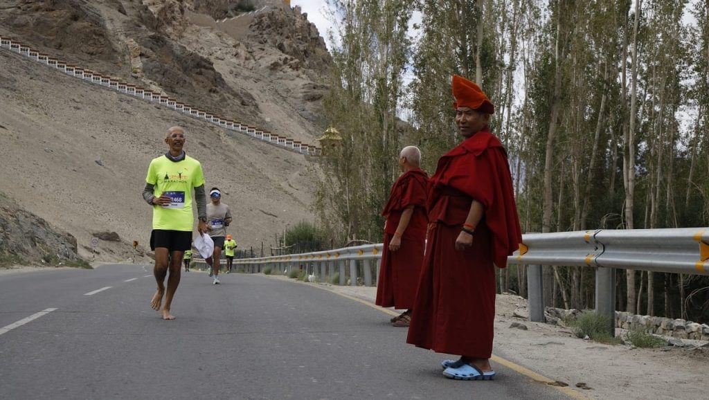 The 55-year-old ran the Ladakh full marathon barefoot last year.
