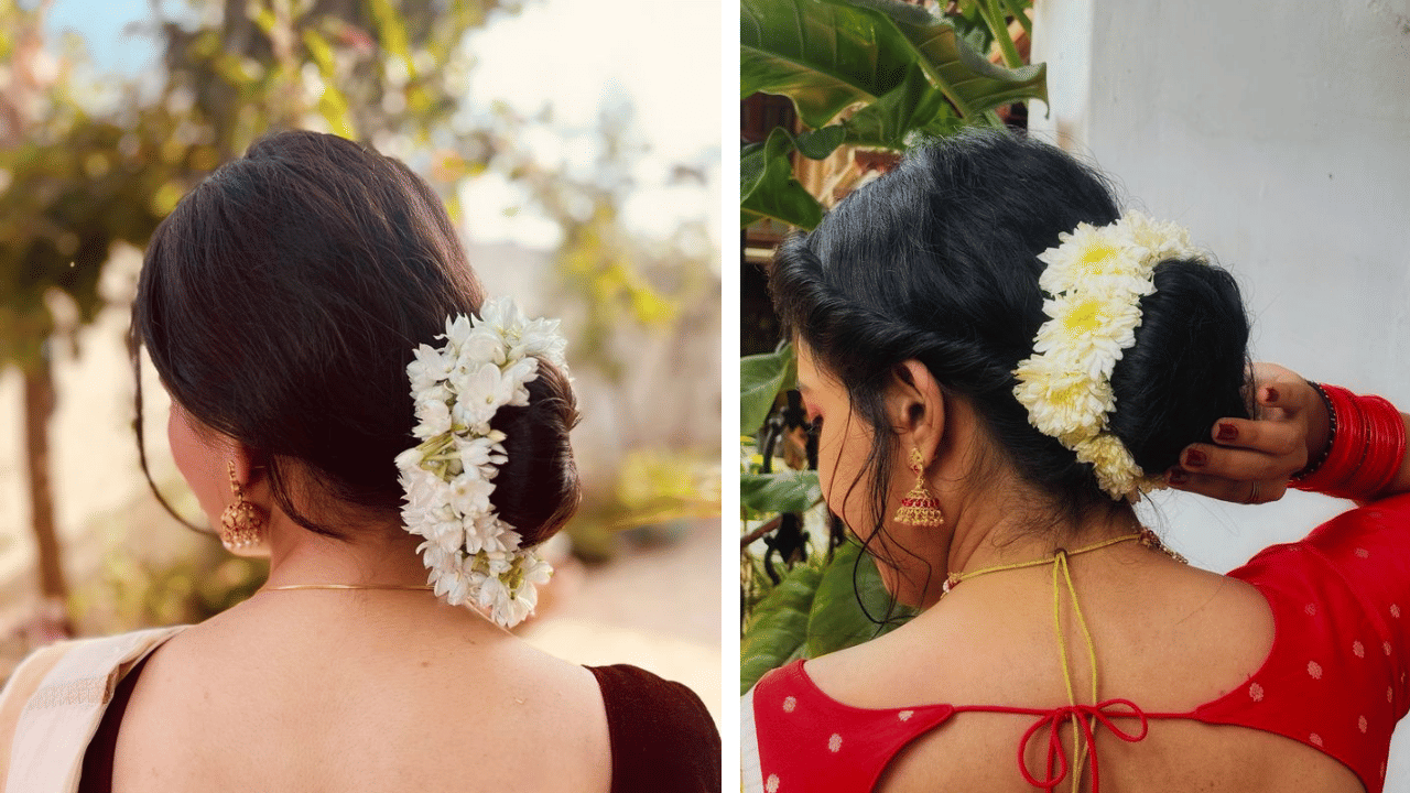 Classic Bun with flowers hairstyle idea for Navratri 2025