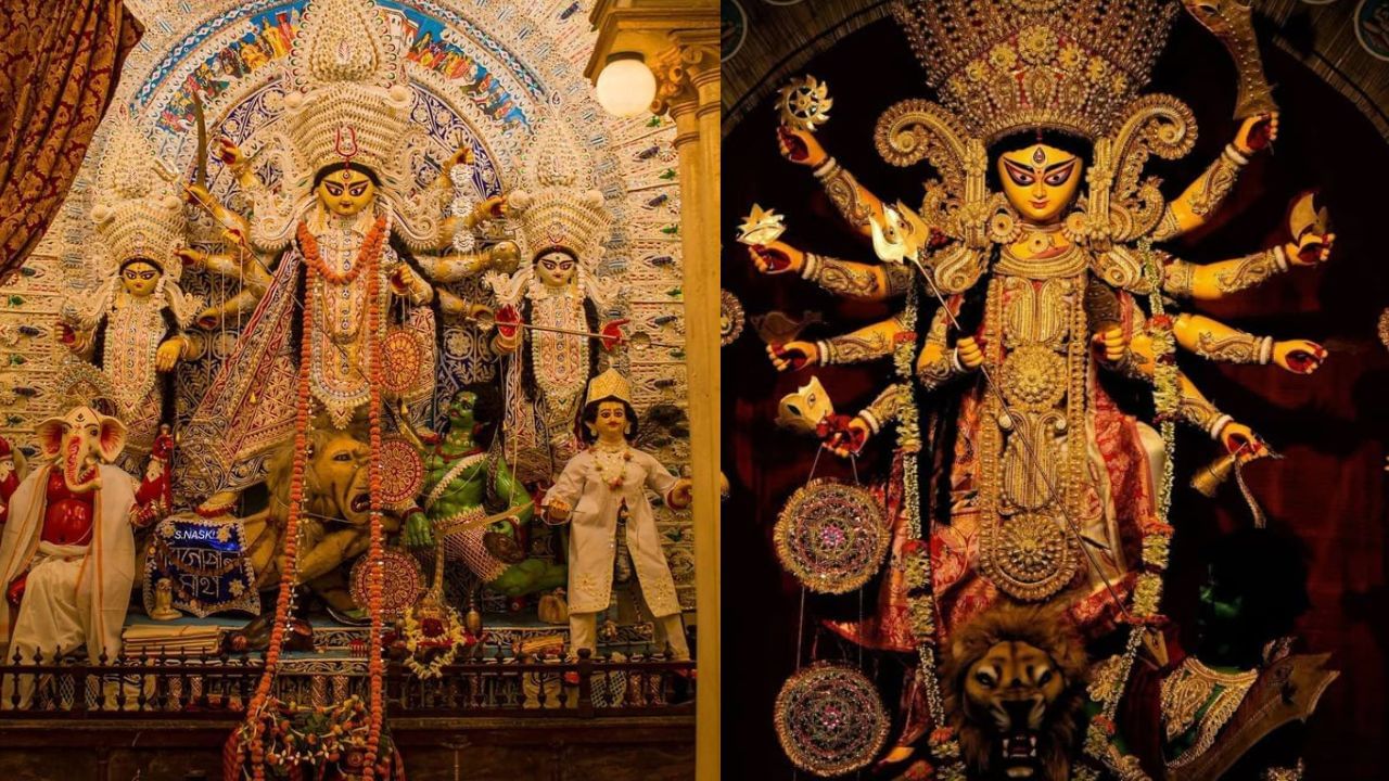 Durga Puja 2024 Kolkata pandal, featuring Sreebhumi Durga Puja pandal and its Tirumala Tirupati Devasthanam theme.