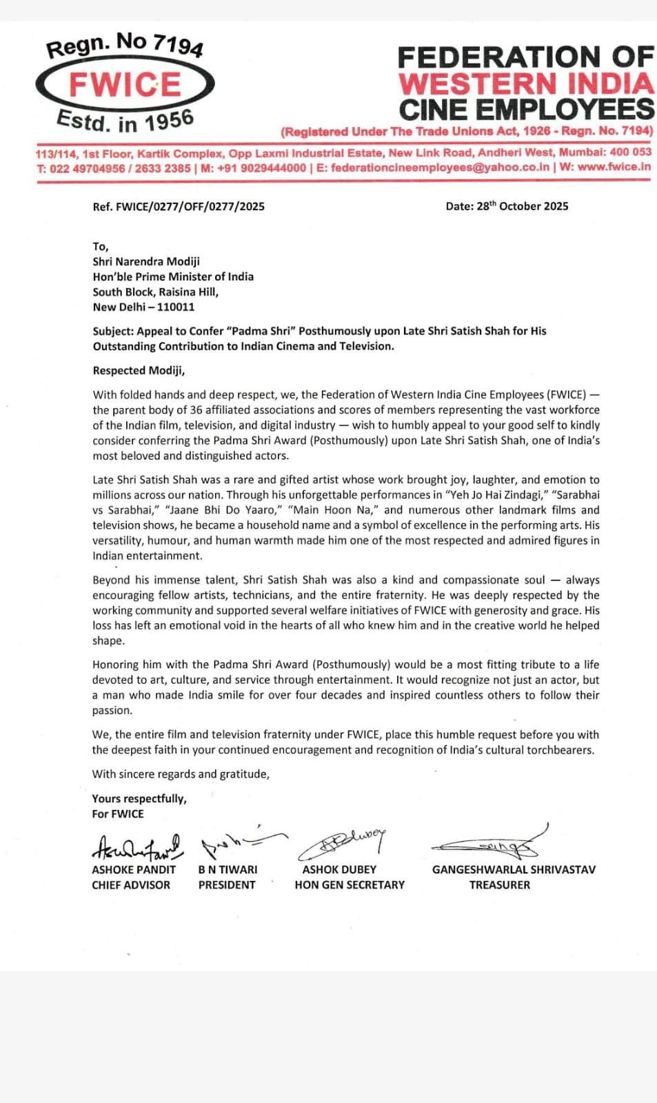 Cine employees organisation appeals to honour Satish Shah with the Padma Shri posthumously.