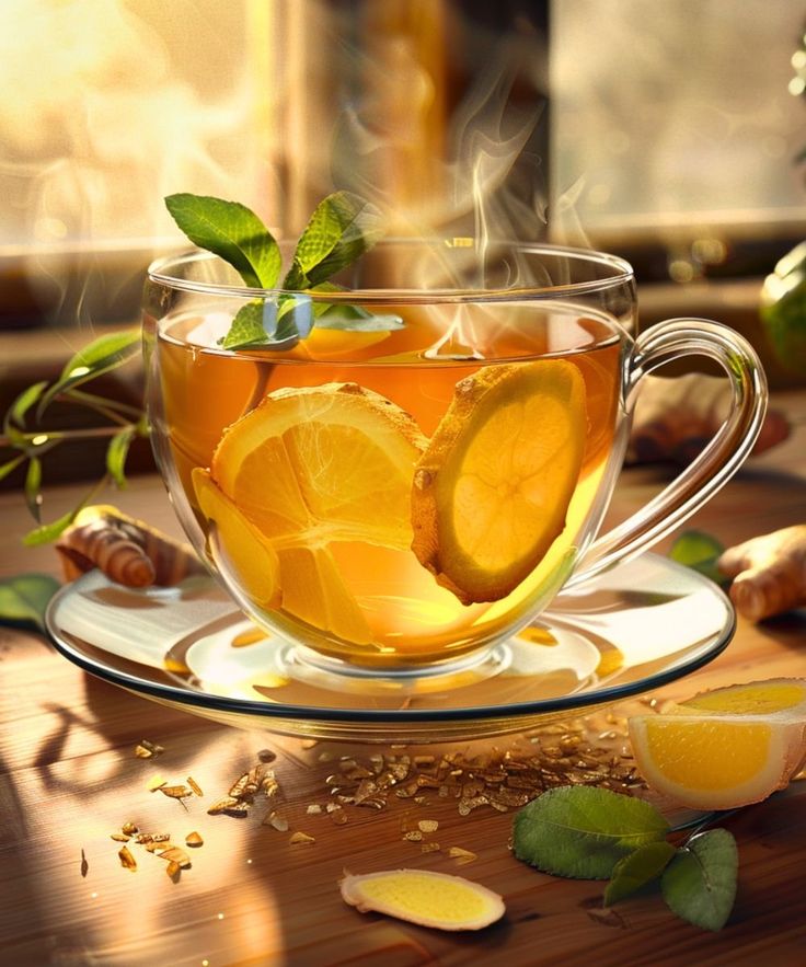 This may contain: a glass cup filled with tea and sliced lemons