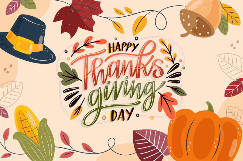 This may contain: happy thanksgiving greeting with autumn leaves, pumpkins and acorns on a pink background