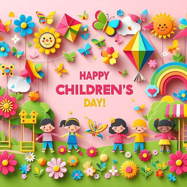 This may contain: children's day greeting card with colorful flowers and kites