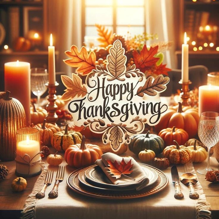 This may contain: a thanksgiving table setting with candles, plates and napkins on it that says happy thanksgiving