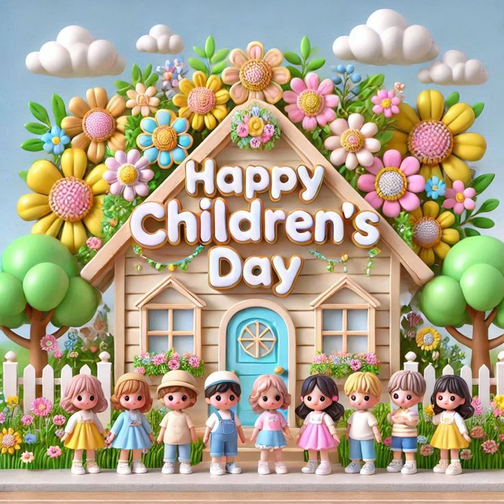 This may contain: children are standing in front of a house with flowers and trees on the roof that says happy children's day