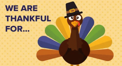 This may contain: a turkey wearing a pilgrim hat with the words we are thanksgiving for