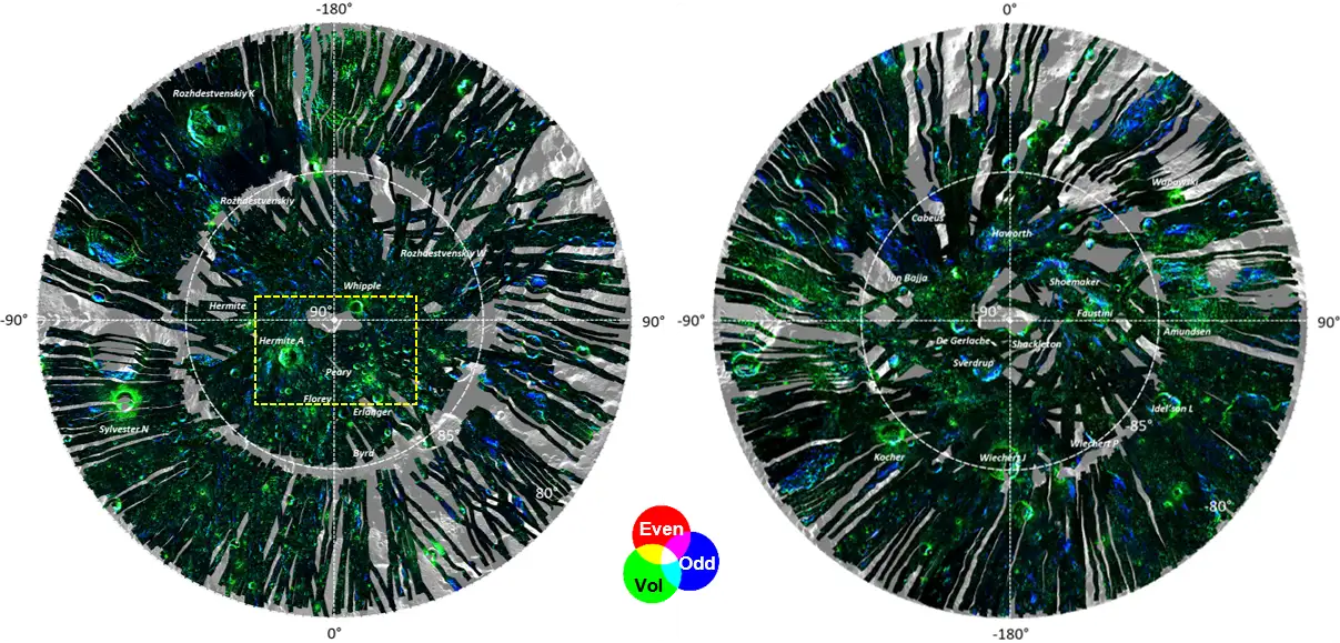 Radar polarimetric decomposition maps of the Lunar North (left) and South (right) poles. (Image Credit: ISRO). 