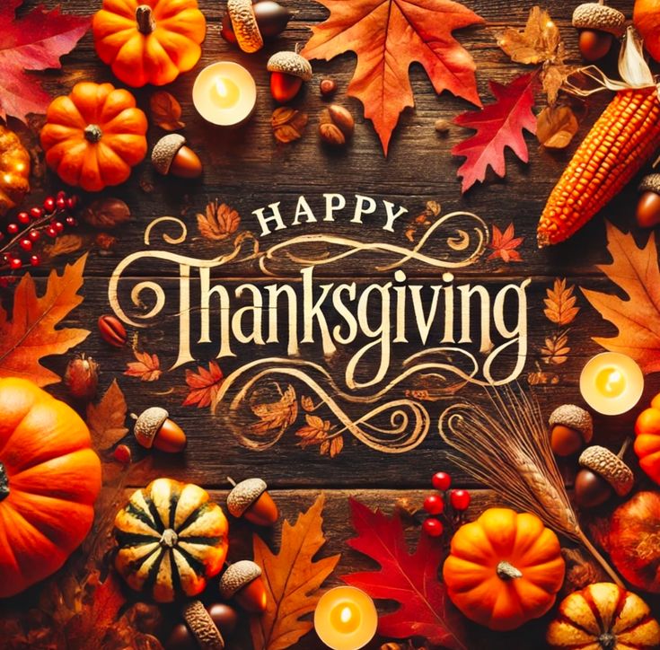 This may contain: thanksgiving greeting with candles, pumpkins and leaves