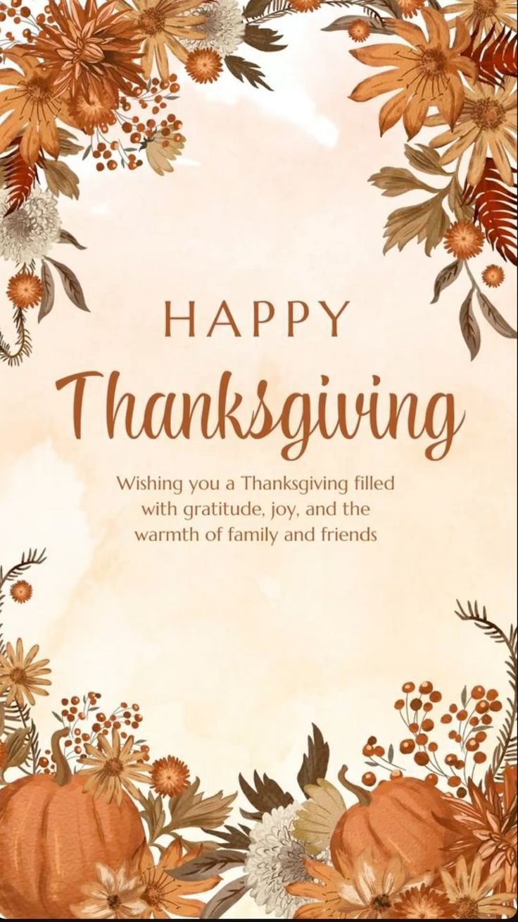 This may contain: a thanksgiving card with flowers and pumpkins