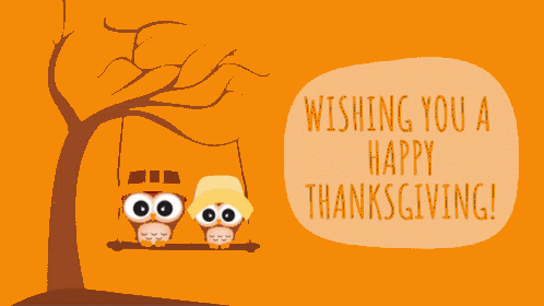 This may contain: two owls sitting on a swing in front of a tree with the words wishing you a happy thanksgiving