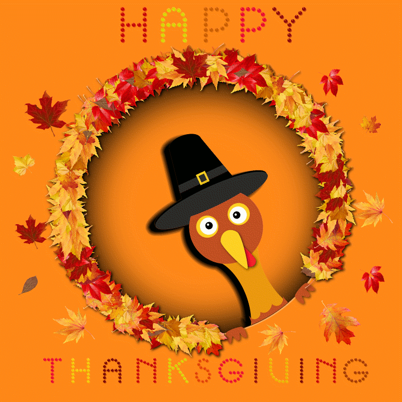 This may contain: a turkey wearing a pilgrim hat with leaves around it and the words happy thanksgiving written below