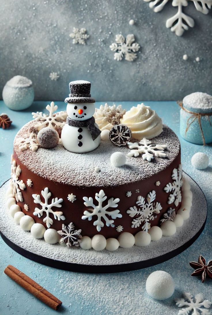 This may contain: a chocolate cake with white frosting and snowflakes on top, surrounded by other decorations