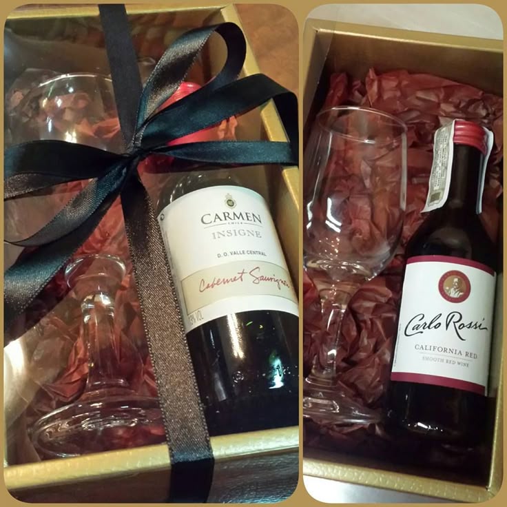 This may contain: two bottles of wine in a gift box