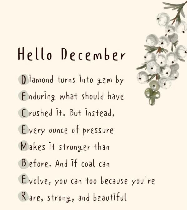 This may contain: a poem written in the language hello december with flowers and leaves on white paper background