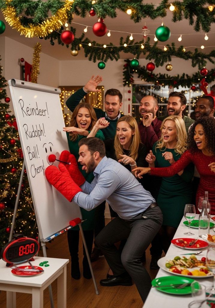 This may contain: a group of people standing in front of a white board with christmas decorations on it