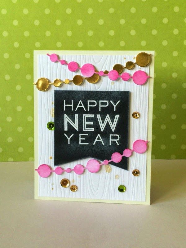 This may contain: a happy new year card with pink and gold confetti around the edges on a green background