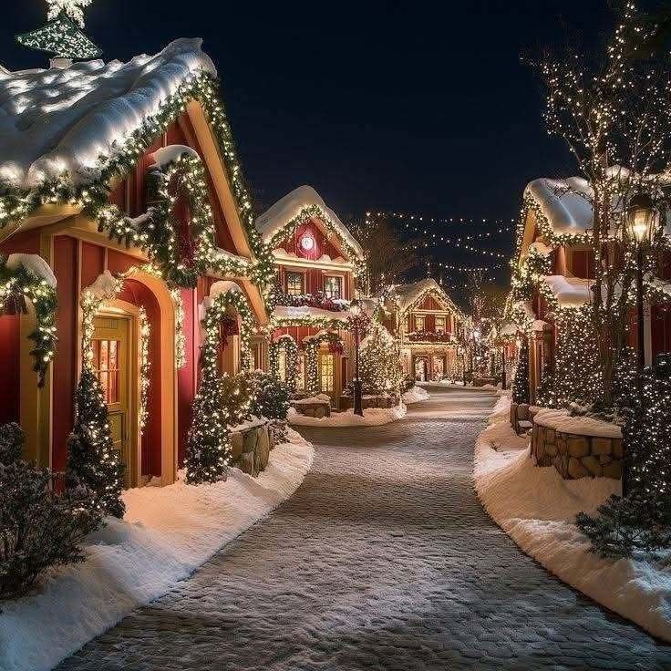 This may contain: christmas lights on houses and trees in the snow