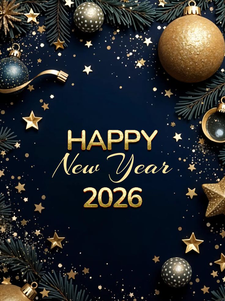 This may contain: a happy new year card with christmas decorations and stars on the blue background that says, happy new year