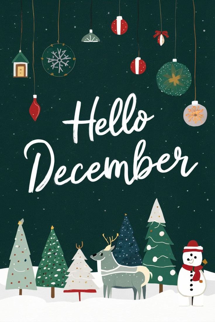 This may contain: a christmas card with the words hello december written in white and surrounded by holiday decorations