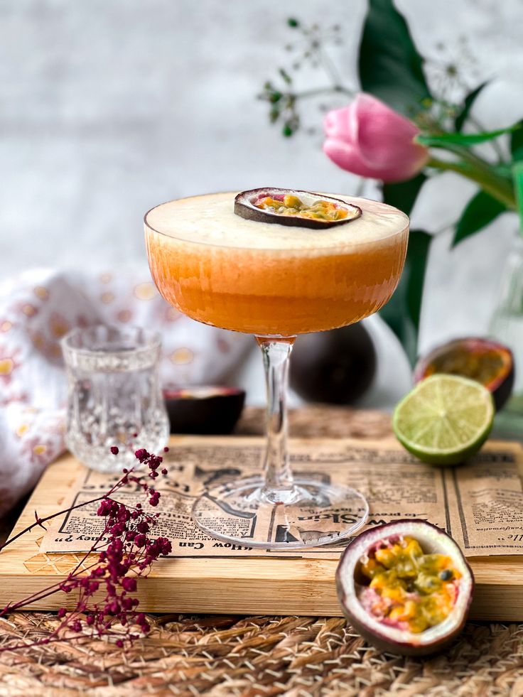 This may contain: a drink sitting on top of a wooden table