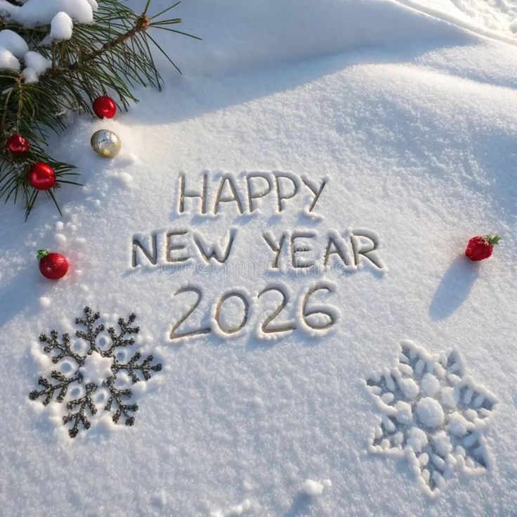 This may contain: happy new year 2016 written in the snow with christmas decorations and baubles around it