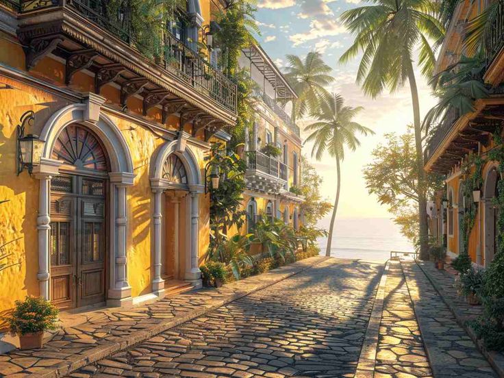 This may contain: a painting of a street with palm trees and buildings on both sides, overlooking the ocean