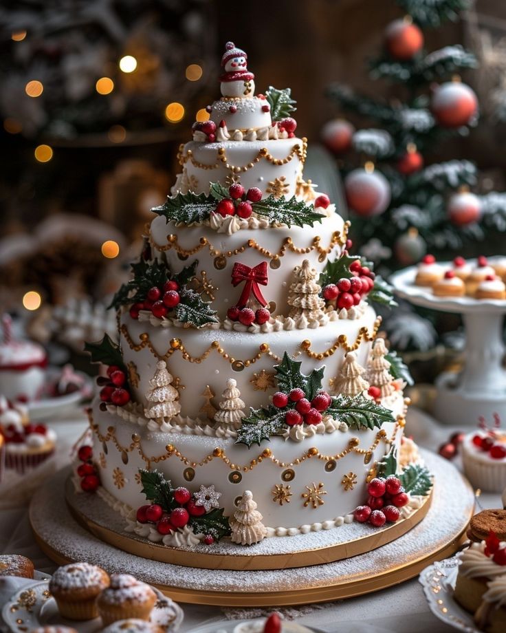 This may contain: a christmas cake decorated with holly berries and pine cones on a platter next to other desserts