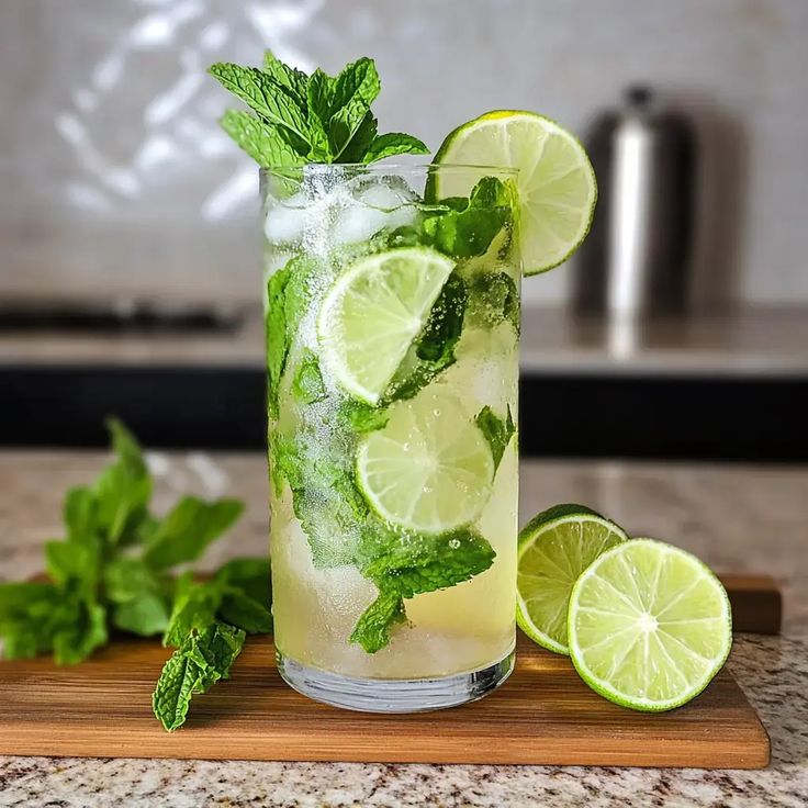 This may contain: a mojito with limes and mint on a cutting board