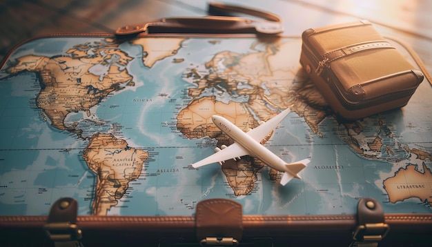 This may contain: an airplane is sitting on top of a map with luggage and a bag next to it