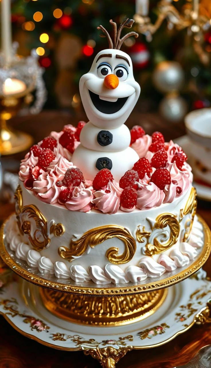 This may contain: there is a cake decorated like a snowman with raspberries and strawberries on top