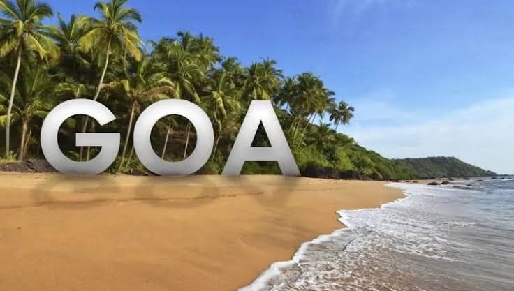 This may contain: the word goa is placed in front of an ocean and palm tree lined beach