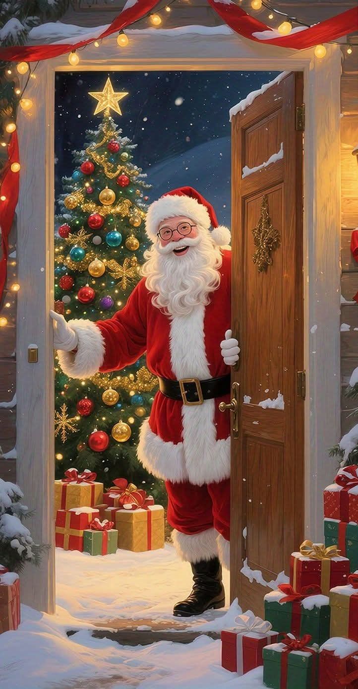 This may contain: a santa clause is opening the door to his christmas tree