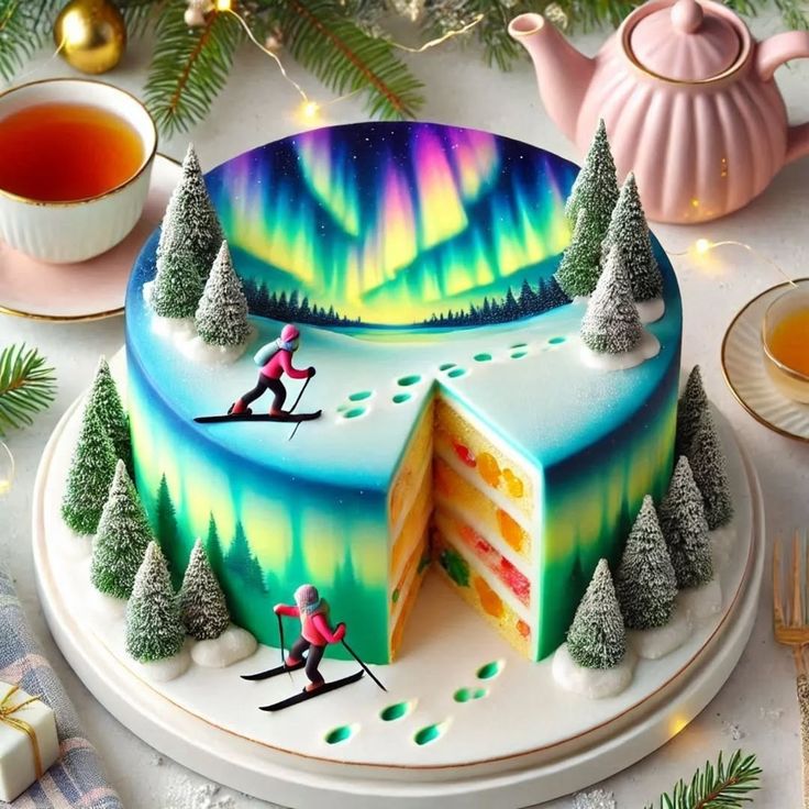 This may contain: there is a cake that has been decorated with the northern lights and skiers on it