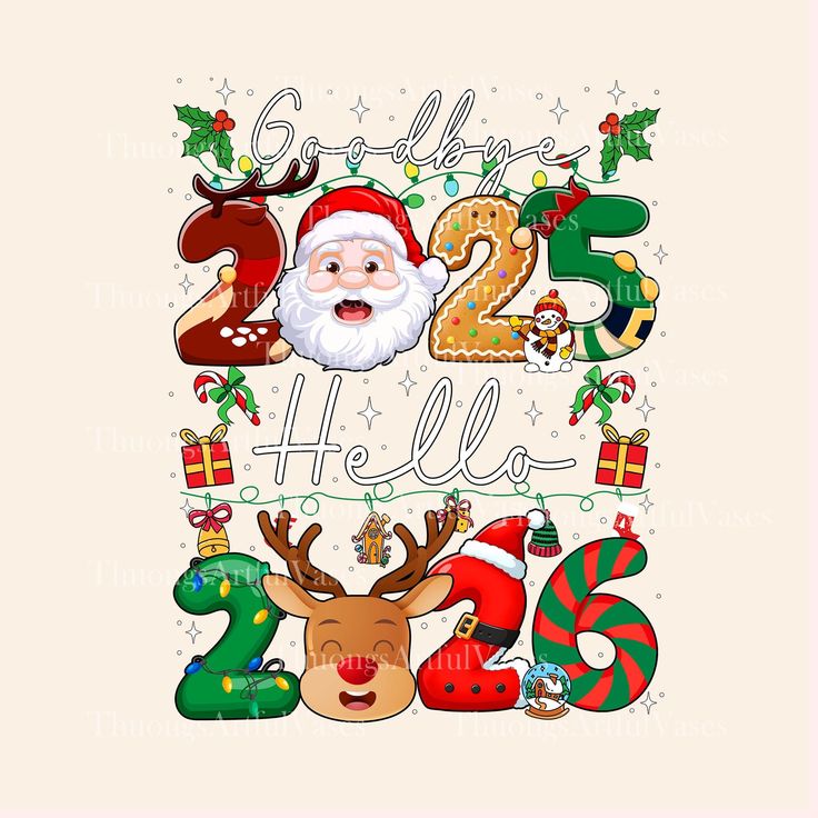 This may contain: a christmas card with santa claus, reindeers and other holiday items in the background