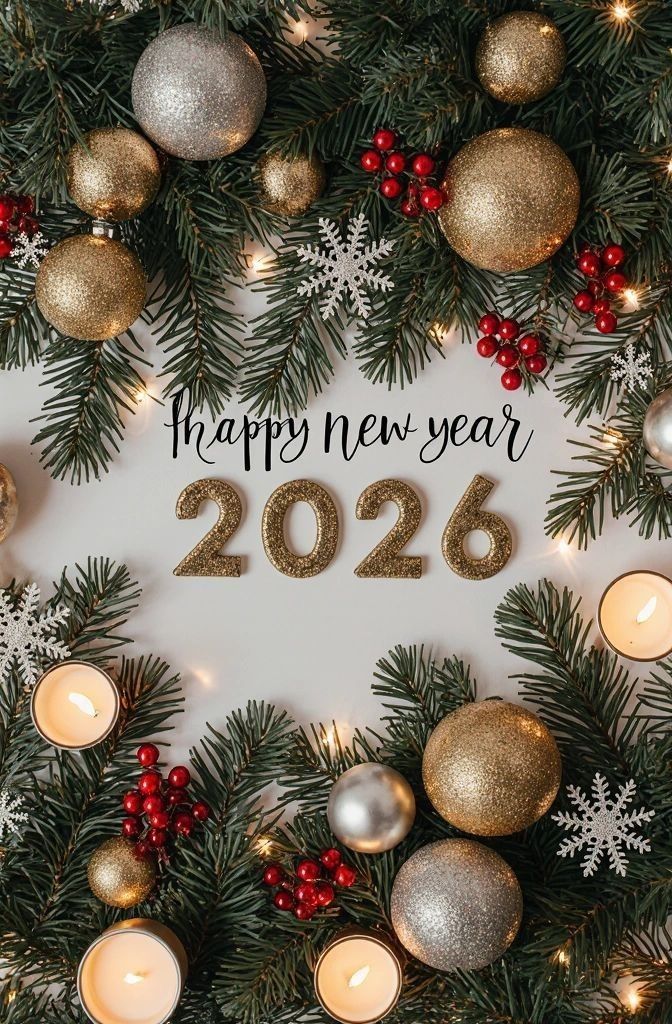 This may contain: a christmas wreath with candles and ornaments around it that says happy new year 2056