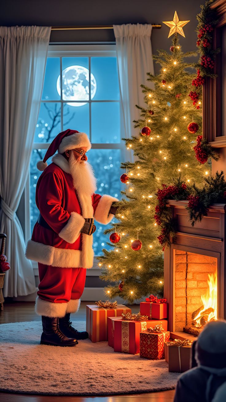 This may contain: a man dressed as santa claus standing in front of a christmas tree