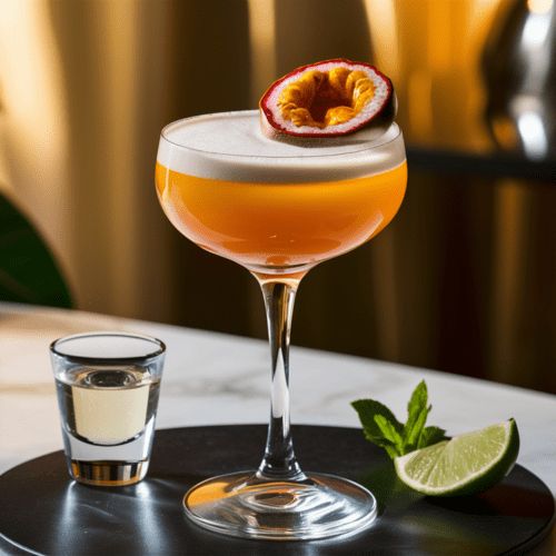 This may contain: a drink in a glass on top of a black plate next to a shot glass