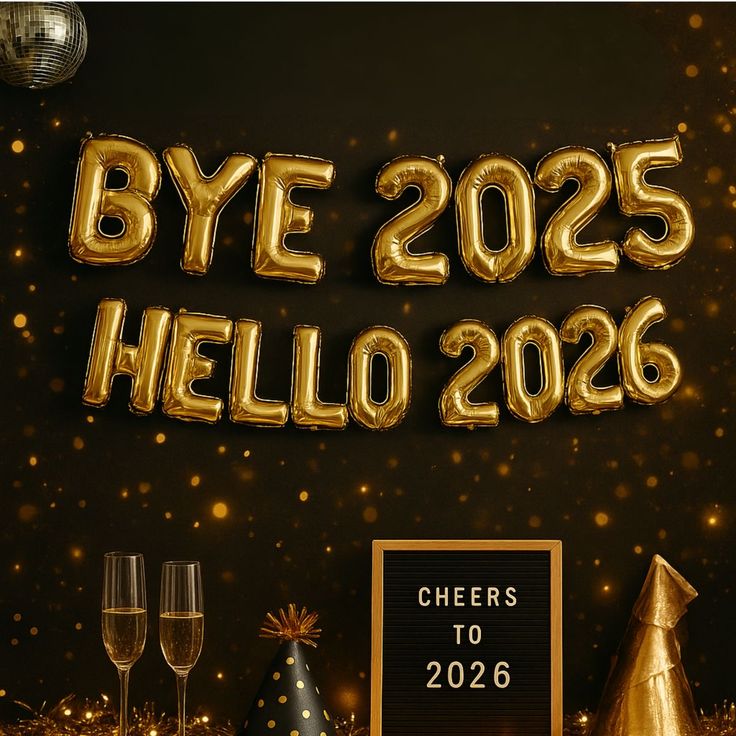 This may contain: a black and gold new year's eve party with balloons, streamers and champagne glasses
