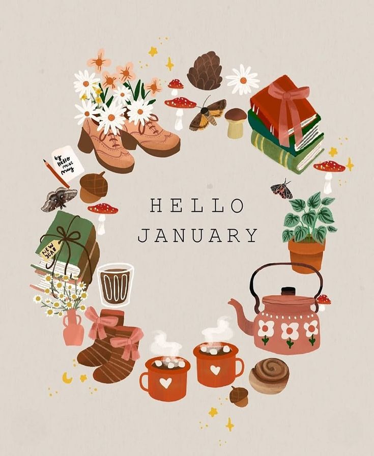 This may contain: a round frame filled with lots of different items and words that spell out hello january