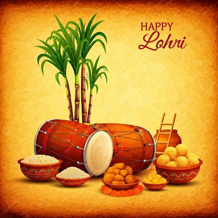 This may contain: happy lohrii background with drums and rice in bowls, bamboo trees and potted plant