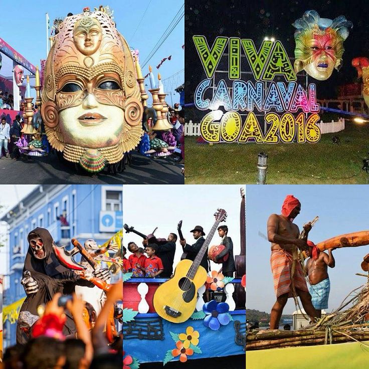 This may contain: there are many people in the parade with masks on their heads and body, including one man holding a guitar