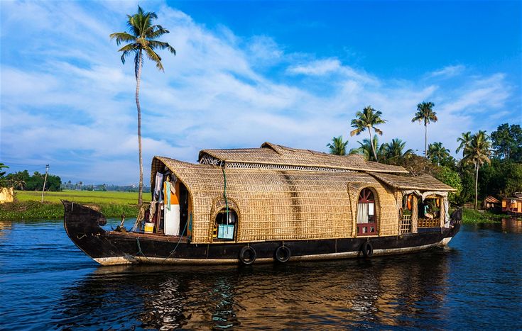 This may contain: a house boat with thatched roof on the water in front of some palm trees