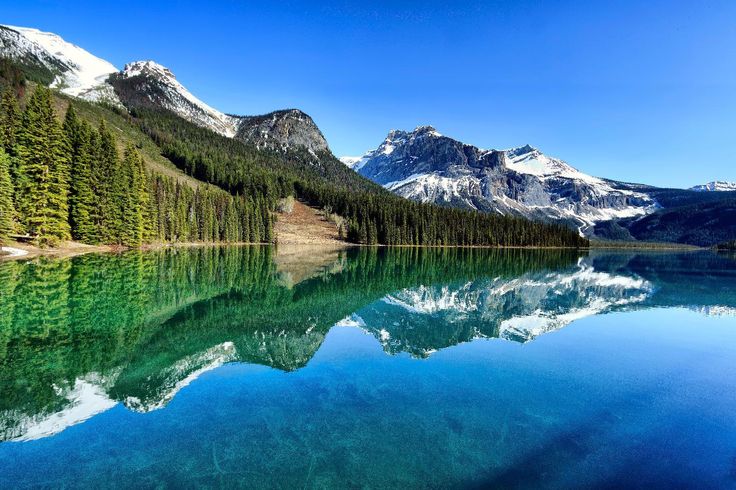 This may contain: the mountains are covered in snow and green pine trees, as well as clear water