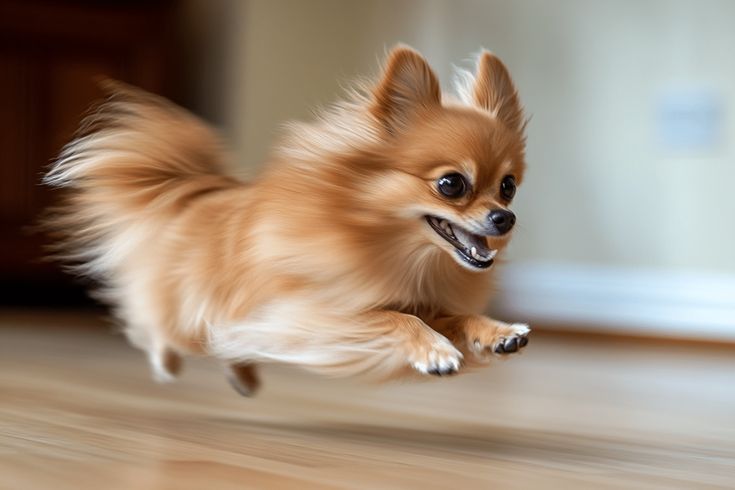 This may contain: a small brown dog running across a wooden floor